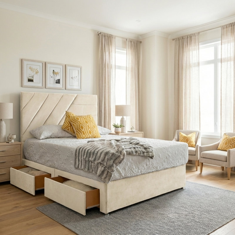 Upholstered Storage Bed, Plush Cream, Double (4ft6): 140 cm x 209 cm