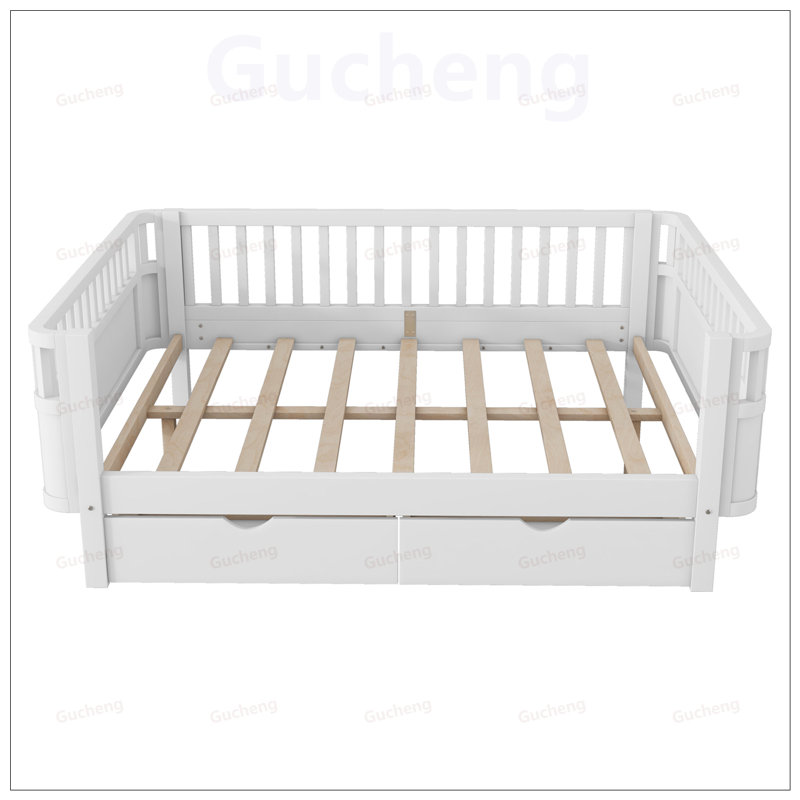 Lit plateforme en bois pour enfants avec rails et beaucoup de rangement, conception sécuritaire et polyvalente pour les enfants en pleine croissance