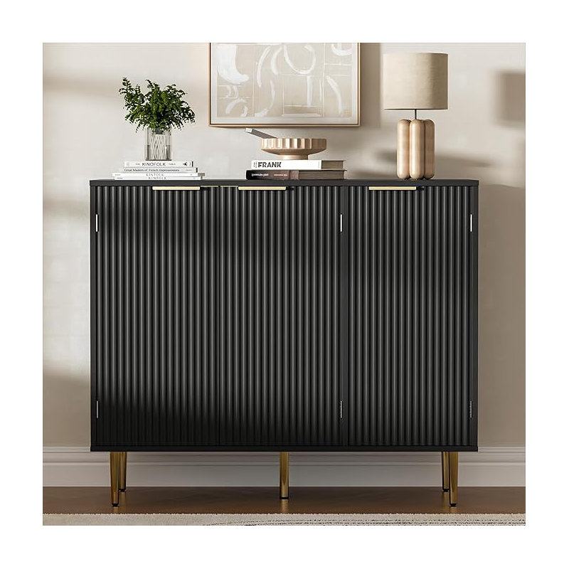 Fluted Buffet Sideboard With 3 Doors, Modern Accent Cabinet With Adjustable Shelves, Kitchen Storage With Golden Handles, Coffee Bar For Kitchen, Dining Room