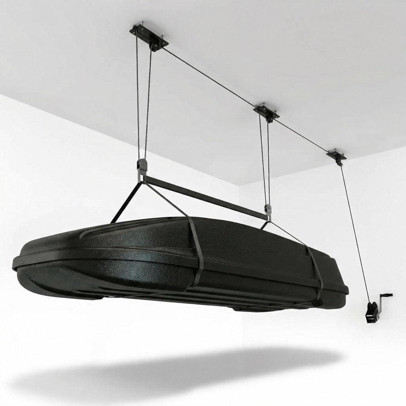 Système de poulie de garage Cargo Box, grue de plafond robuste pour les boîtes de chargement sur le toit, capacité de 200 lb, convient aux plafonds de garage de 10 à 14 pieds, comprend des sangles réglables et des cordes de 20 m, fixation au plafond peu encombrante