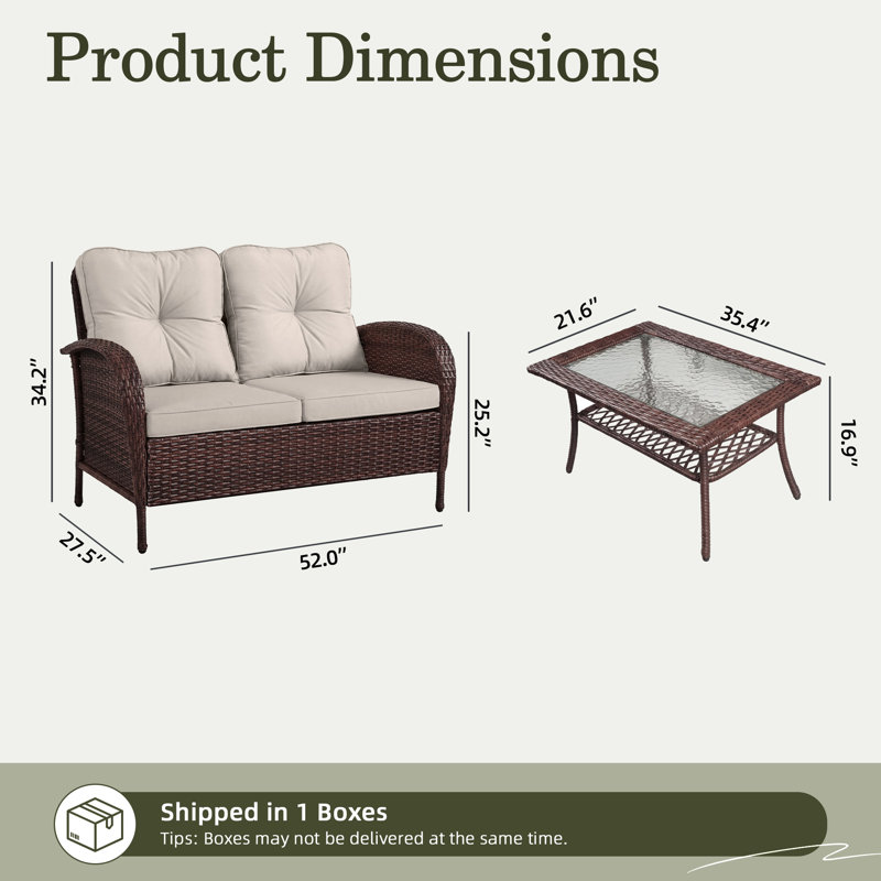 Outdoor Wicker Loveseat With Coffee Table And Cushions, Beige
