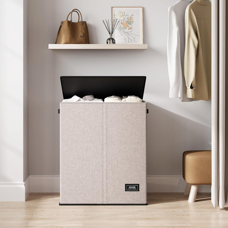Grand panier à linge double avec couvercle, panier à linge pliable 2 sections avec sacs amovibles, panier à linge peu encombrant pour chambre à coucher, dortoir, université