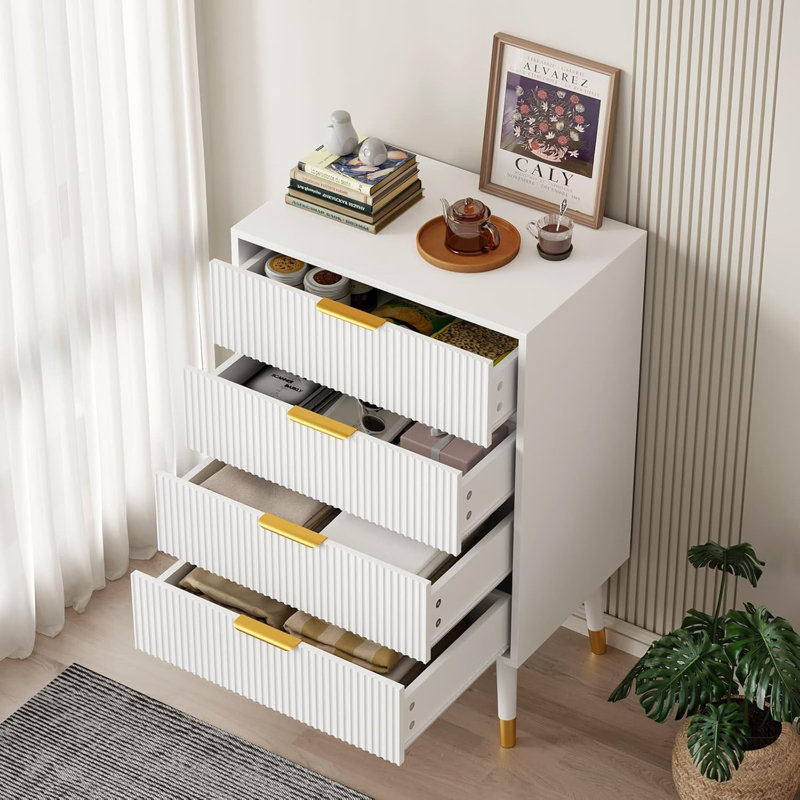 4 Drawer Dresser Tall Dresser With Gold Metal Handles Small Dresser Storage Chest Cabinet, White