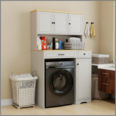 Over the Washer and Dryer Storage Cabinet with 1 Laundry Basket, 4 Doors, 1 Drawer, and 2 Adjustable Shelves - Antique White