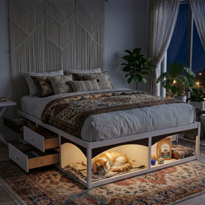 King Bed Frame with Storage Drawers, No Headboard Platform Bed, Pet-Friendly Design, No Box Spring Needed, Modern Minimalist Style