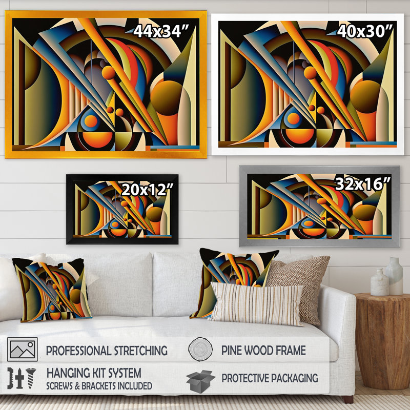 Circular Retro Dynamics I - Art mural encadré abstrait géométrique, Cadre d'angle fermé noir, L 20 po x H 12 po