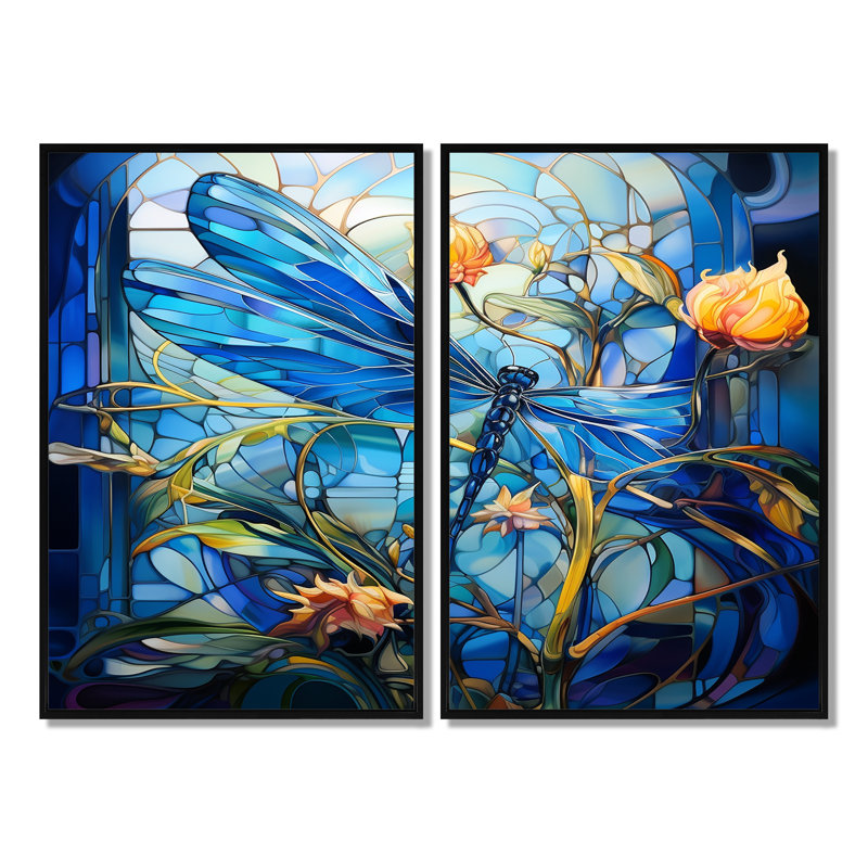 Blue Dragonfly Yellow Flowers - Modern Wall Art, Black, 36" H x 48" W, Impression encadrée flottante