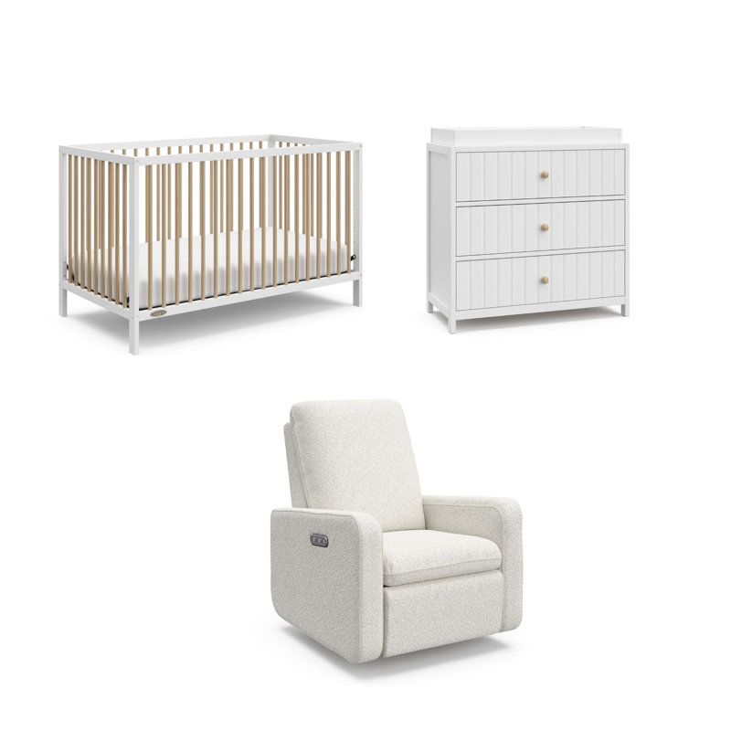 Ensemble de lit de bébé convertible 5-en-1 Graco Teddi, commode 3 tiroirs avec plateau à langer et ensemble de chambre de bébé inclinable électrique 3 pièces