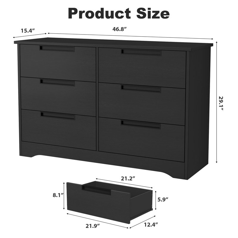 Commode à 6 tiroirs, commode en bois pour chambre à coucher, rangement moderne pour garde-robe avec poignées intégrées pour le salon
