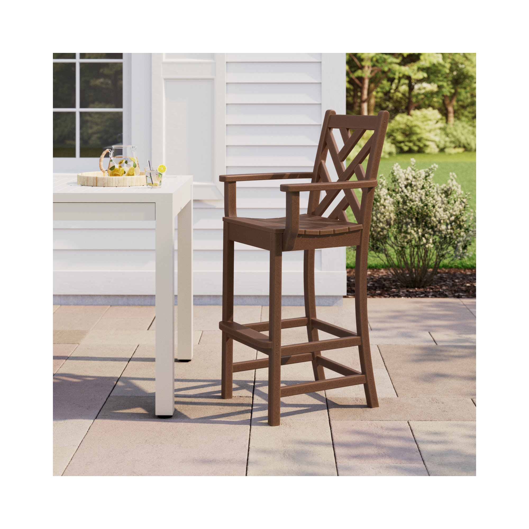 POLYWOOD Chippendale Bar Arm Chair in Sand, Teak