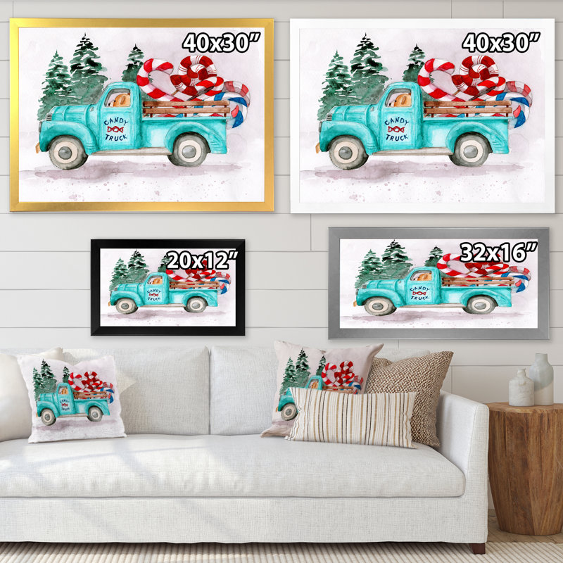 Camion bleu avec un chauffeur d'ours - reproduction sur toile, H 24 po x l 32 po, Toile blanche avec cadre d'angle fermé