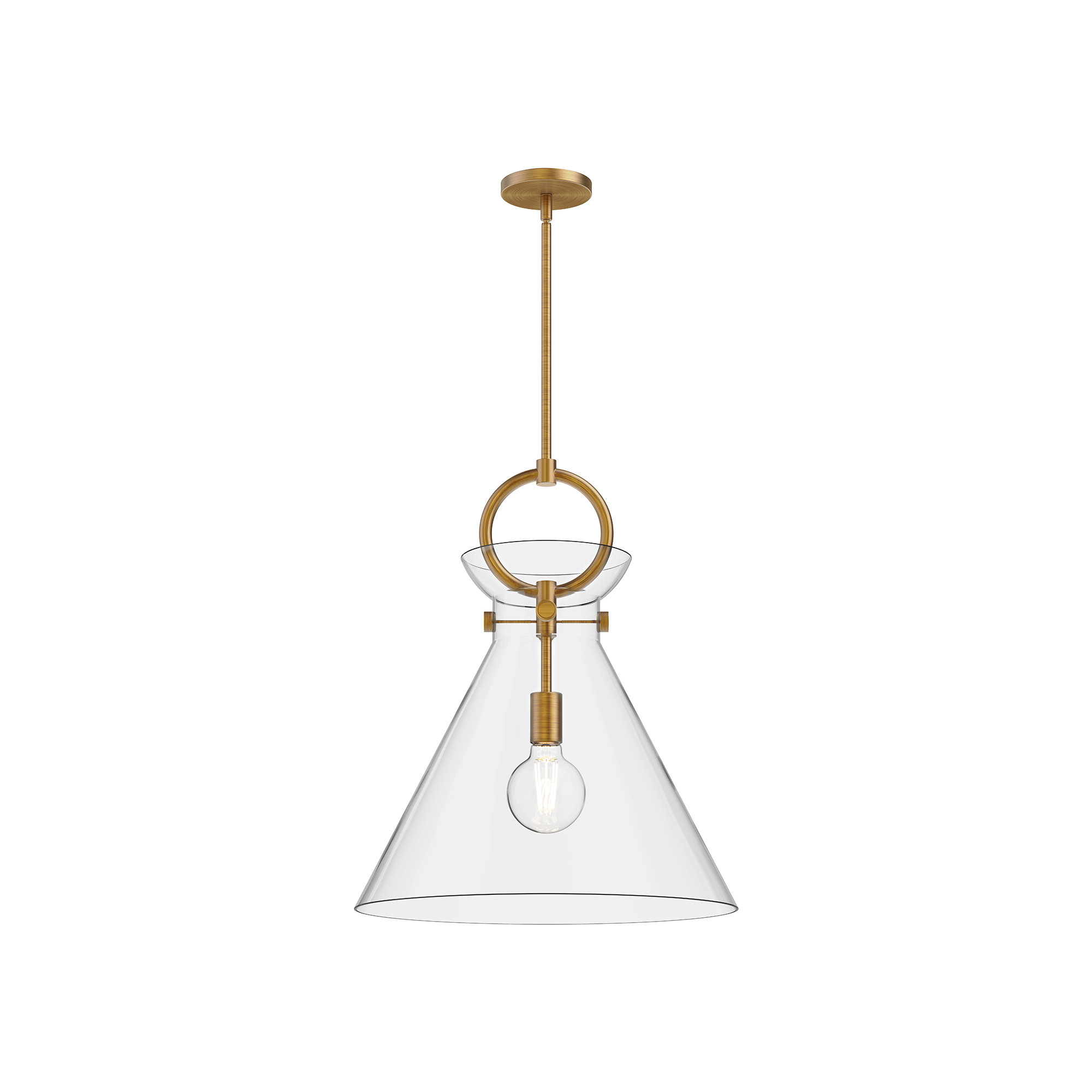 Tiney Single Light Glass Steel Pendant, Aged Gold/Clear, 21.75" H x 18" W x 18" D