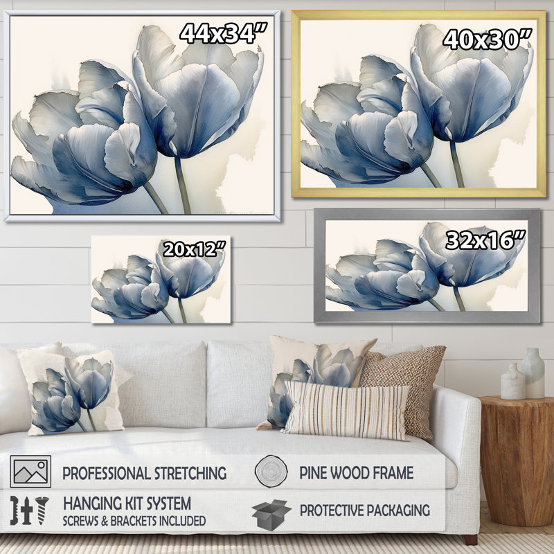 Tulipes, simplicité, saphir sur toile, H 34 po x l 44 po x P 1,5 po, Cadre simple argenté