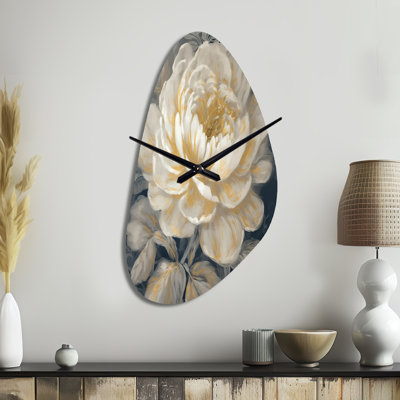 Emotions Of White Gold Peony Flower III - Peonies Unique Shape Metal Wall Clock, Modern Asymmetrical Wall Clock Print