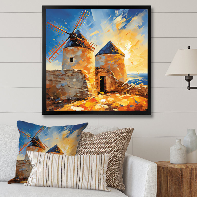 Windmill Evening Glow Sunset - Wind Turbines, art mural, H 36 po x l 36 po x P 1,5 po, Cadre simple noir