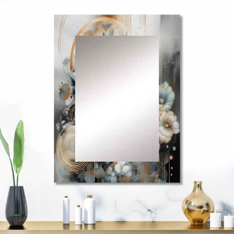 Motif de fleurs dorées bleues soyeuses II - grand miroir floral, décor de miroir mural traditionnel unique, impression d'art en métal