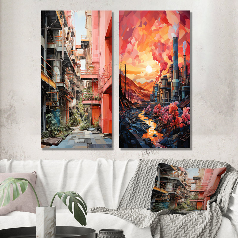 Peach Process Popart Factory - Factories Canvas Prints Set Of 2, 28" H x 25" W, Wrapped Canvas