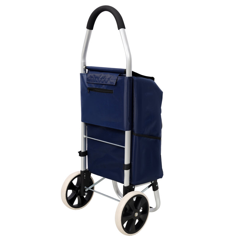 Chariot de magasinage pliable en aluminium avec sac bleu de 40 L et roulettes