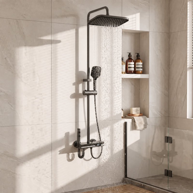 41.5" H Black Space-Aluminum Rain Shower System, Digital Display & Push-Button Switch