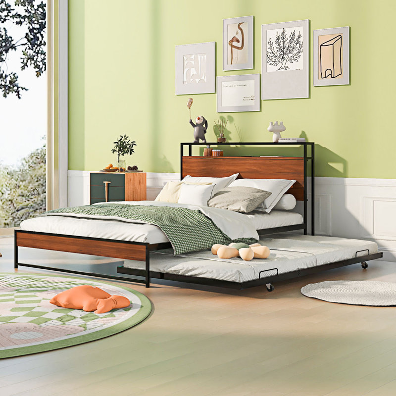 Carraway Metal Platform Bed with Trundle and Power Outlets Headboard, Full, Black