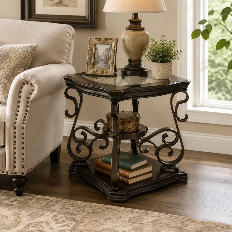 Table de bout en verre brun foncé avec plateau de rangement en MDF à 2 niveaux et pieds en métal