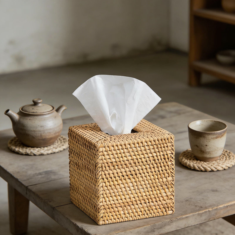 Couvercle de boîte à mouchoirs en rotin tissé à la main, support carré en osier naturel pour papiers-mouchoirs, conception à fond ouvert pour une recharge facile, décor de maison et de bureau rustique