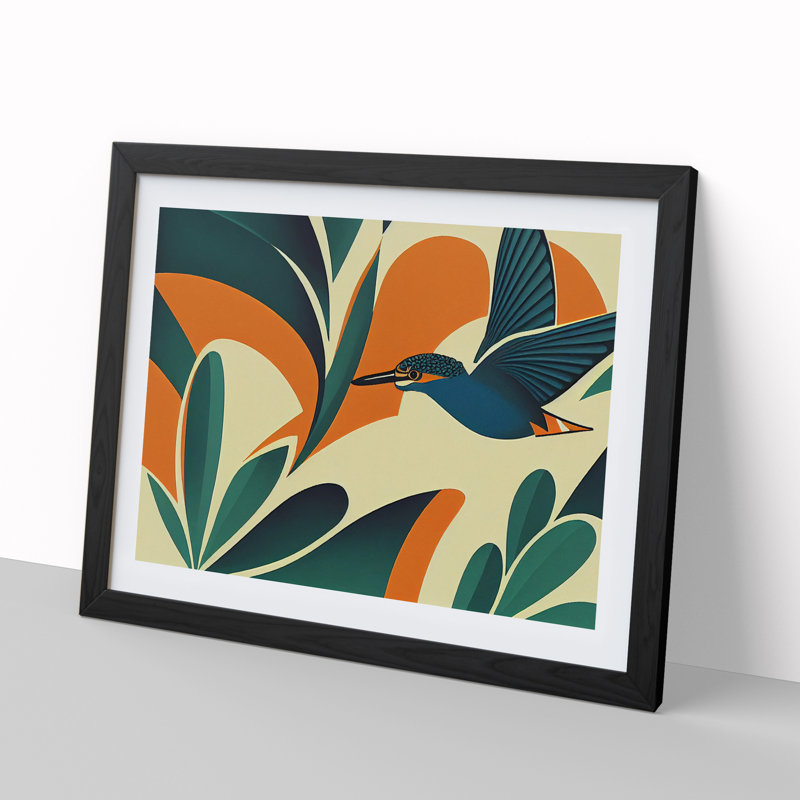 Art Deco Kingfisher Bird - Framed Print, Black, 34cm H x 46cm W