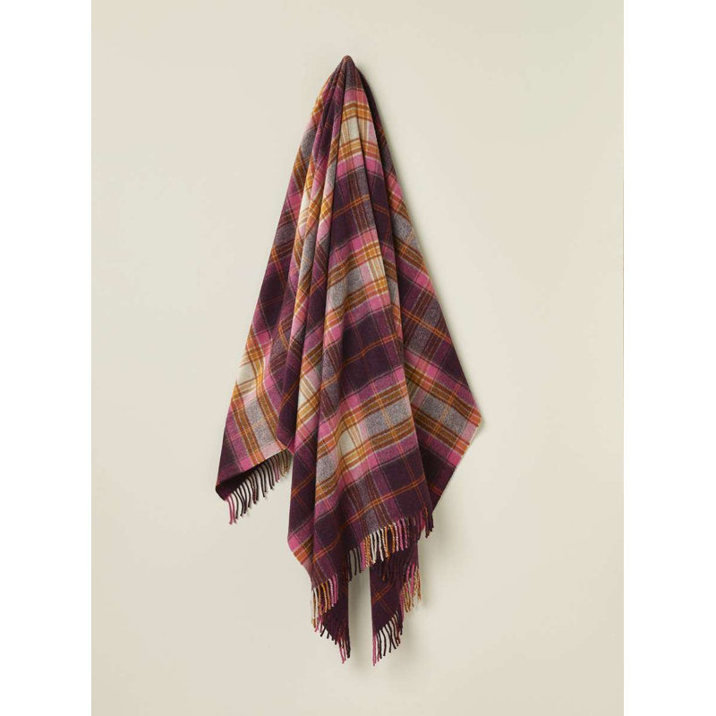 Jeté tissé en laine d'agneau Merino, Rouge / beige / rose / damier orange