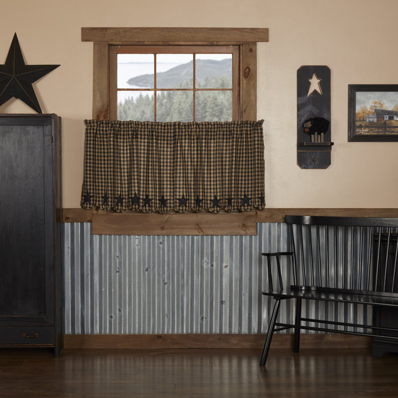 Navy Star Cotton Plaid Scalloped Cafe Curtain, 72" W x 24" L, Raven/Khaki