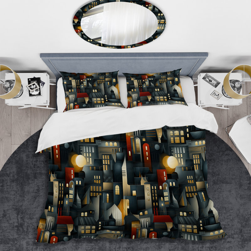 Geometric Skylines City Pattern - Ensemble de housse de couette géométrique, Housse de couette pour très grand lit et 2 très