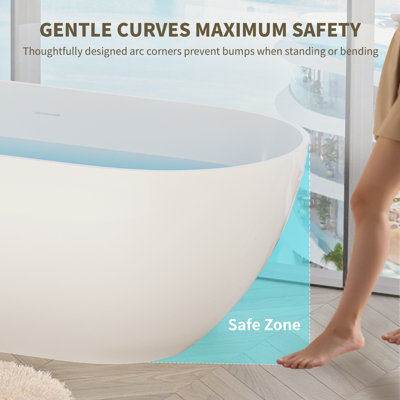 63" x 29.5" Freestanding Solid Surface Bathtub Stone Resin with Overflow and Pop-up Drain, Glossy White