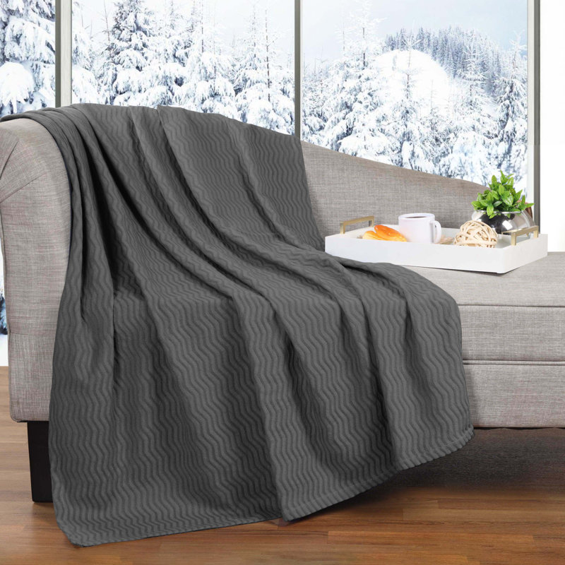 Jena Cotton Jacquard Dobby Weave Textured Chevron Breathable Lightweight Woven Blanket, Charcoal, Full/Queen