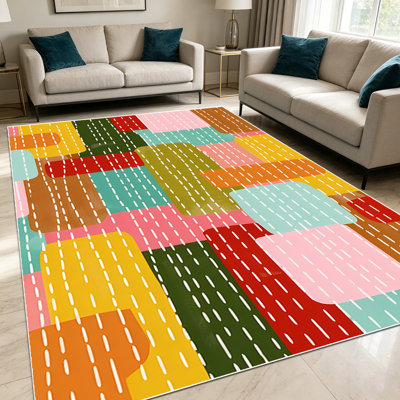 1PC Stitched Dashed Line Geometric Retro Multicolor Patchwork area rugs for Living Room, Soft and Comfortable, Suitable for all seasons, easy-to-maintain, machine washable Indoor floor mat, Under Table Farmhouse suitable for dining room, kitchen...