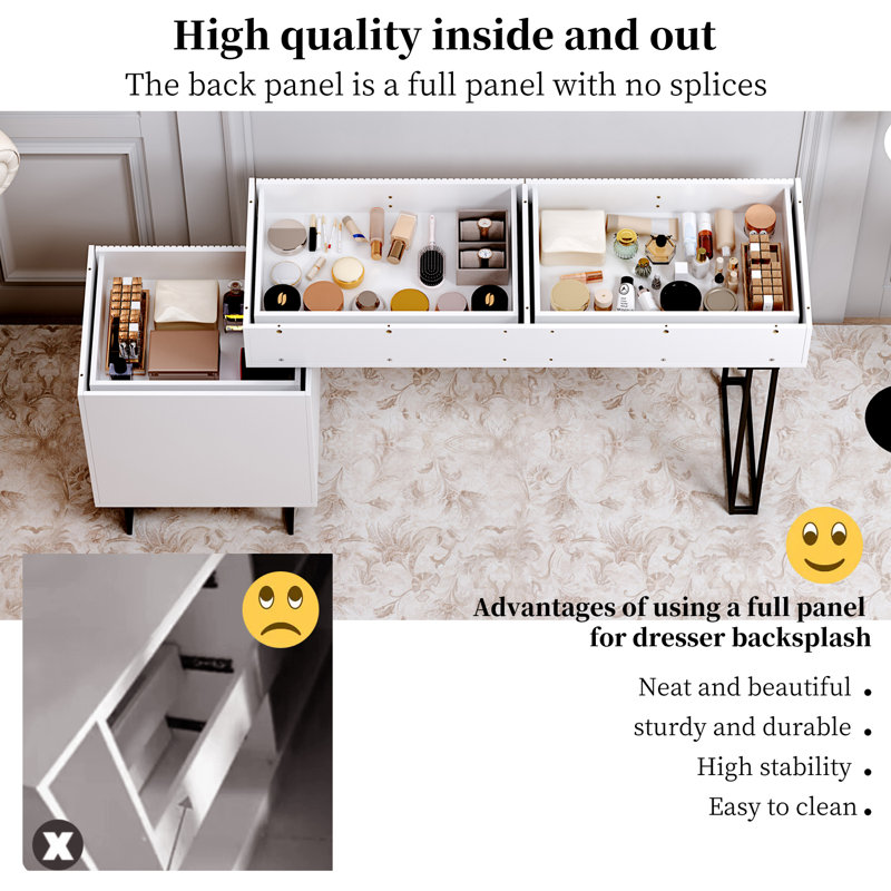 Large Vanity Desk with 3 Color Touch Screen Dimming Mirror, Retractable Makeup Dressing Table, White