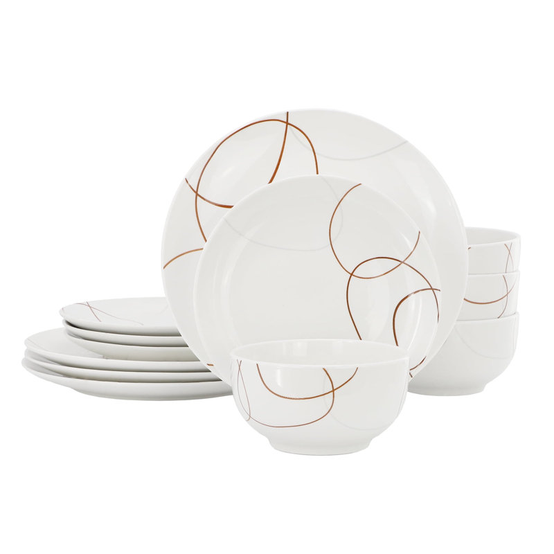 Service de vaisselle en porcelaine pour 4, assiettes et bols blancs au design abstrait moderne, 12 pièces allant au micro-ondes et au lave-vaisselle