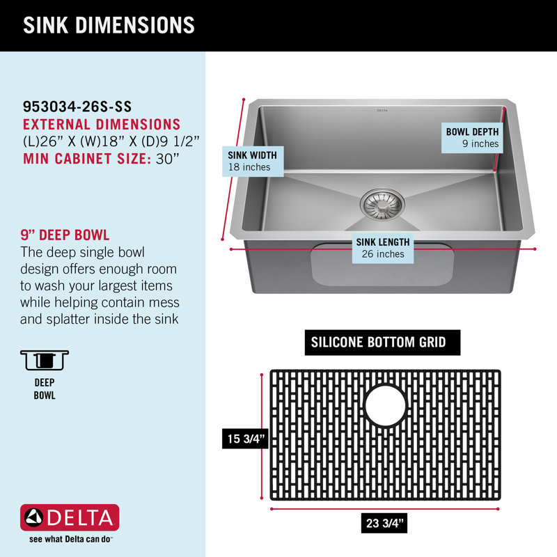 Delta Lenta™ Undermount 16 Gauge Stainless Steel Single Bowl Kitchen Sink with Accessories, 26" L x 18" W 
