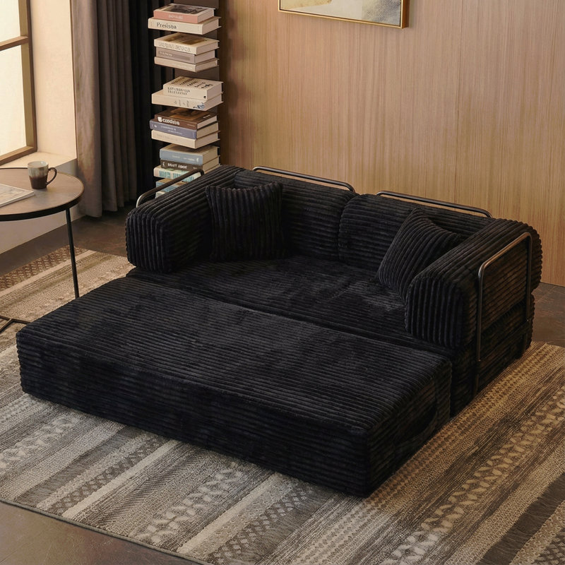 Canapé à compression, canapé-lit convertible au sol avec accoudoirs avec dossier coussiné, canapé-lit futon confortable, canapé modulaire sans dossier Loveseat, tissu en velours côtelé, pour le salon, la chambre à coucher, noir