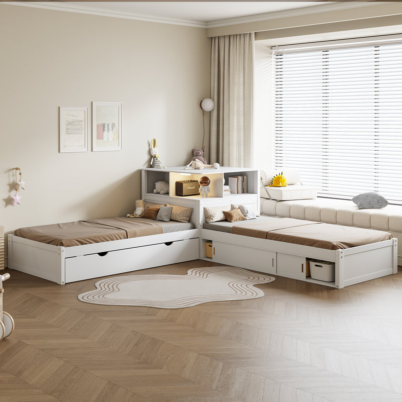 Twin L-Shaped Platform Bed with Trundle, Storage Cabinets, Desk & LED Light – Space-Saving Corner Bed,White, White
