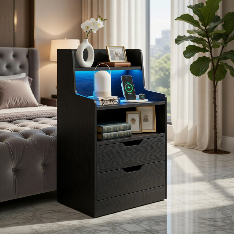 Table de chevet moderne à DEL avec station de charge sans fil, lumière RVB et prises USB-C / USB / CA, table de chevet de chambre à coucher, noir