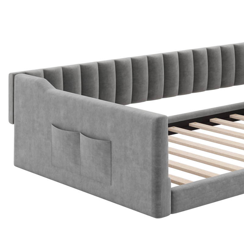 Lit de jour double rembourré en velours de taille très grande avec pochette de rangement latérale, Gris