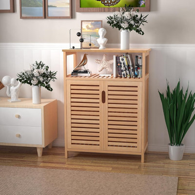 Bamboo Bathroom Floor Cabinet With 2 Doors For Storage - Versatile Freestanding Organizer
