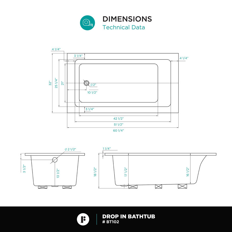 60" x 32" Drop in Soaking Bathtub