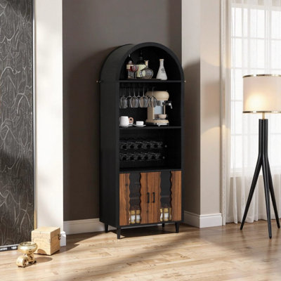 71 Inch Farmhouse Arched Wine Bar Cabinet with Wine Rack and Glass Holder - Black and Natural Wood Finish Liquor Storage Cabinet for Living Room Dinin by George Oliver