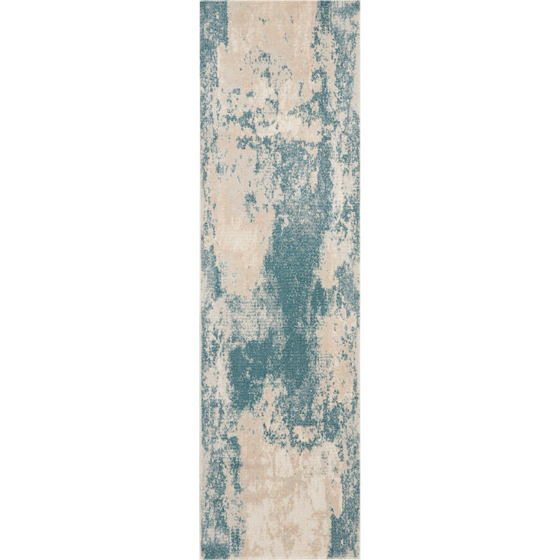Tapis ivoire / bleu sarcelle à motif abstrait Greater Taree, Tapis de couloir 2 pi 2 po x 7 pi 6 po