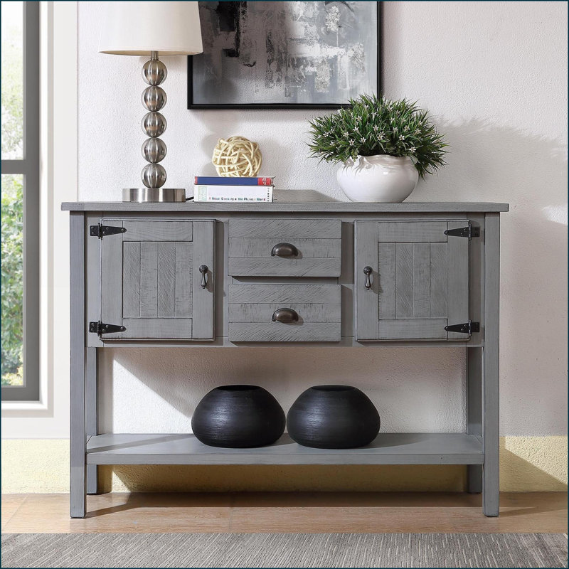 Buffet console en pin massif 48 po rétro avec 2 tiroirs / armoires / tablette inférieure, gris antique | Finition patinée | Pin