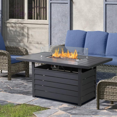 Foyer d'extérieur au gaz en aluminium gris foncé 54,3, 50000, brûleur en acier inoxydable, pierre de lave, couvercle imperméable, fournit une table rectangulaire chaleureuse et confortable d'extérieur, propane et aluminium