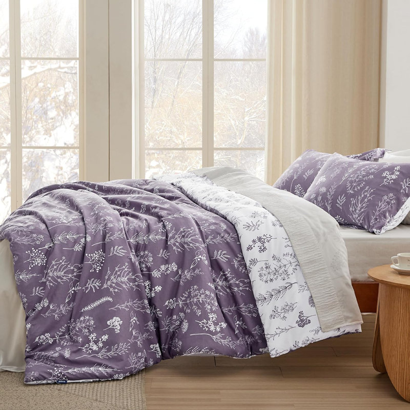 Mignon ensemble d'édredon floral 3 pièces, Mauve gris, Grand lit