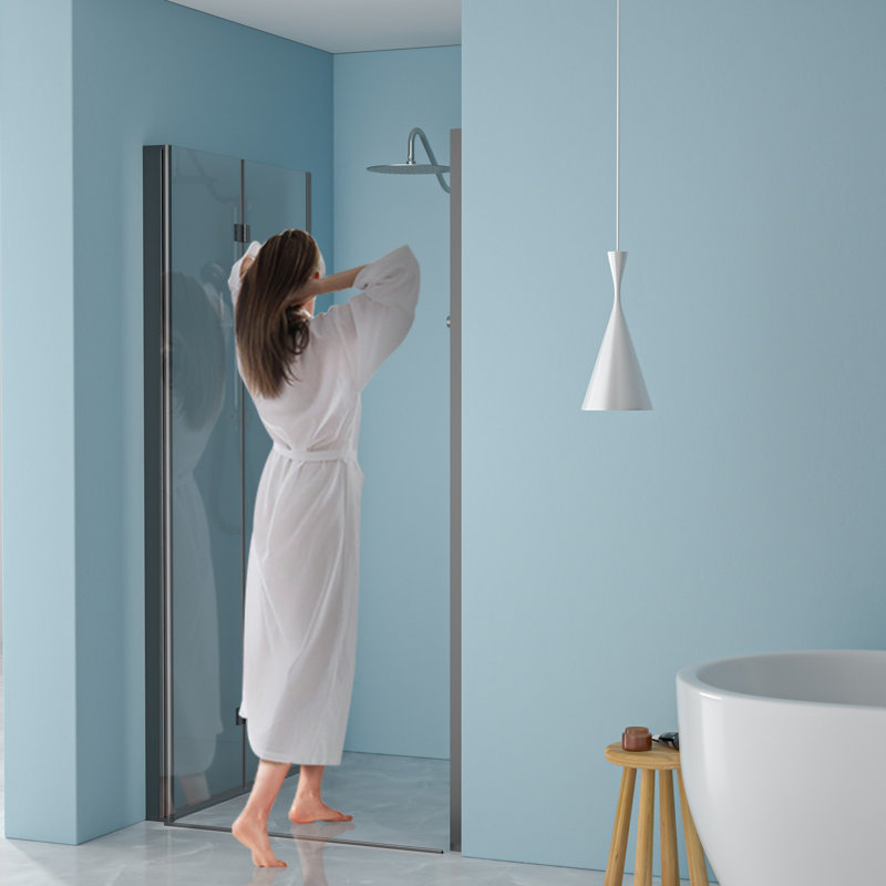 Porte de douche pliante noire matte de 34 po x l 72 po avec fonction double, verre trempé transparent de 1/4 po d'épaisseur, cadre en acier inoxydable et charnières en acier inoxydable, options d'installation réversible, 180 °