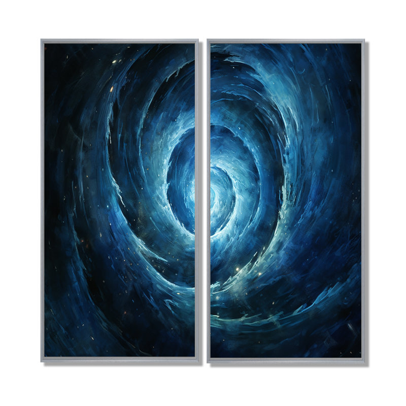 Blue Swirl Wave Spiral V - grandes décorations murales spirales abstraites 2 panneaux, H 32 po x l 32 po, Argent argent