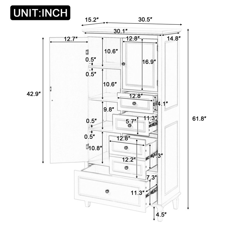 Armoire de rangement multifonctionnelle pour la salle de bain: tablettes réglables, 4 tiroirs, 2 compartiments fermés